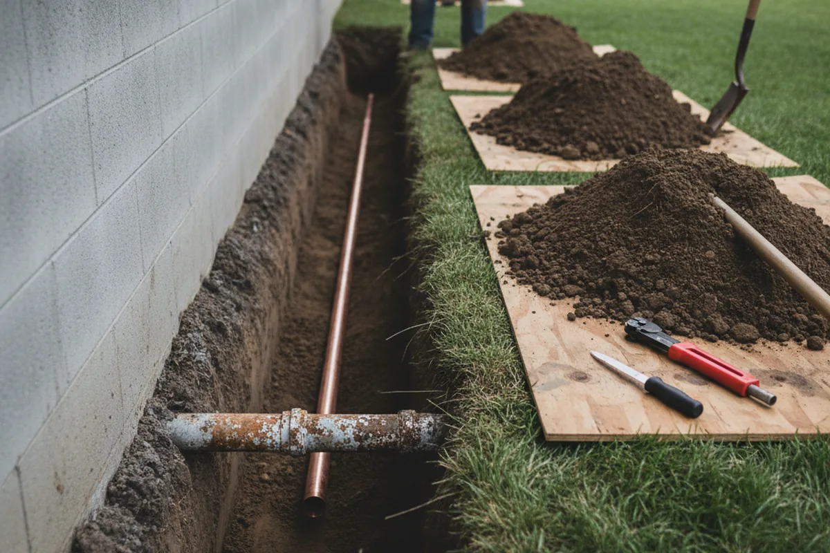 Excavated water line trench during Sewer Line Repair in Dewey